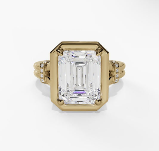 14K Yellow Gold Split Shank Bezel Set Emerald-Cut LAB Grown Diamond Engagement Ring
