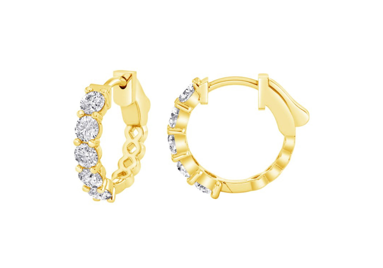 14K Yellow Gold Round Floating Diamond Huggies Hoop Earrings