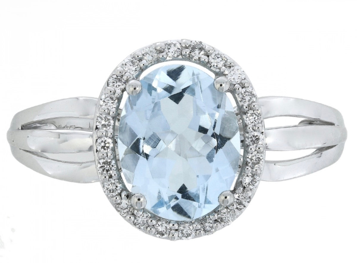 14K White Gold Oval Aquamarine and Diamond Halo Ring