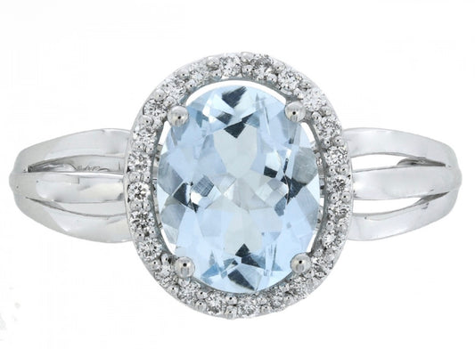14K White Gold Oval Aquamarine and Diamond Halo Ring