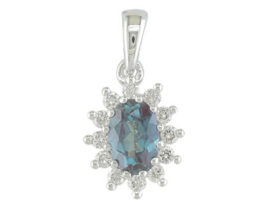 14K White Gold Created Alexandrite and Diamond Pendant
