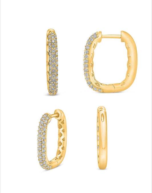 14K Yellow Gold Squared Pave Diamond Hoops