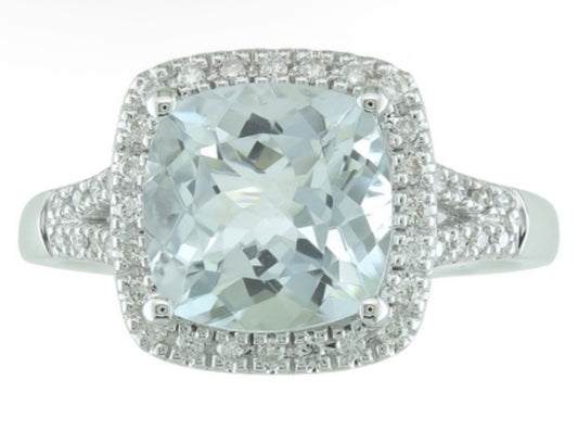 14K White Gold Aquamarine and Diamond Halo Ring