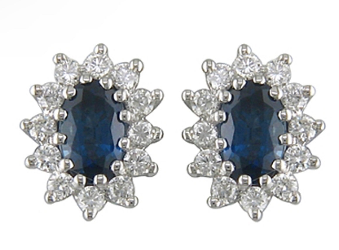 14K White Gold Oval Sapphire and Diamond Starburst Halo Earrings