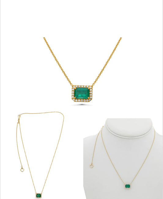 14K Yellow Gold Emerald and Diamond Halo Necklace