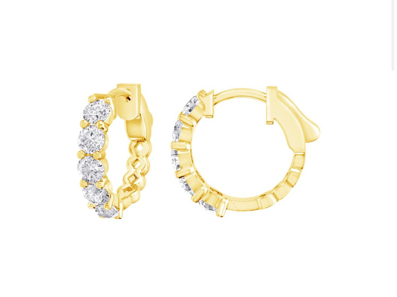 14K Yellow Gold Round Floating Diamond Huggies Hoop Earrings