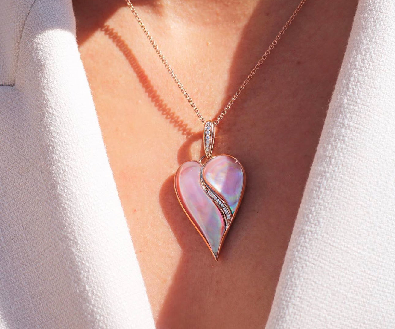 14K Rose Gold Pink Mother of Pearl and Diamond Heart Pendant