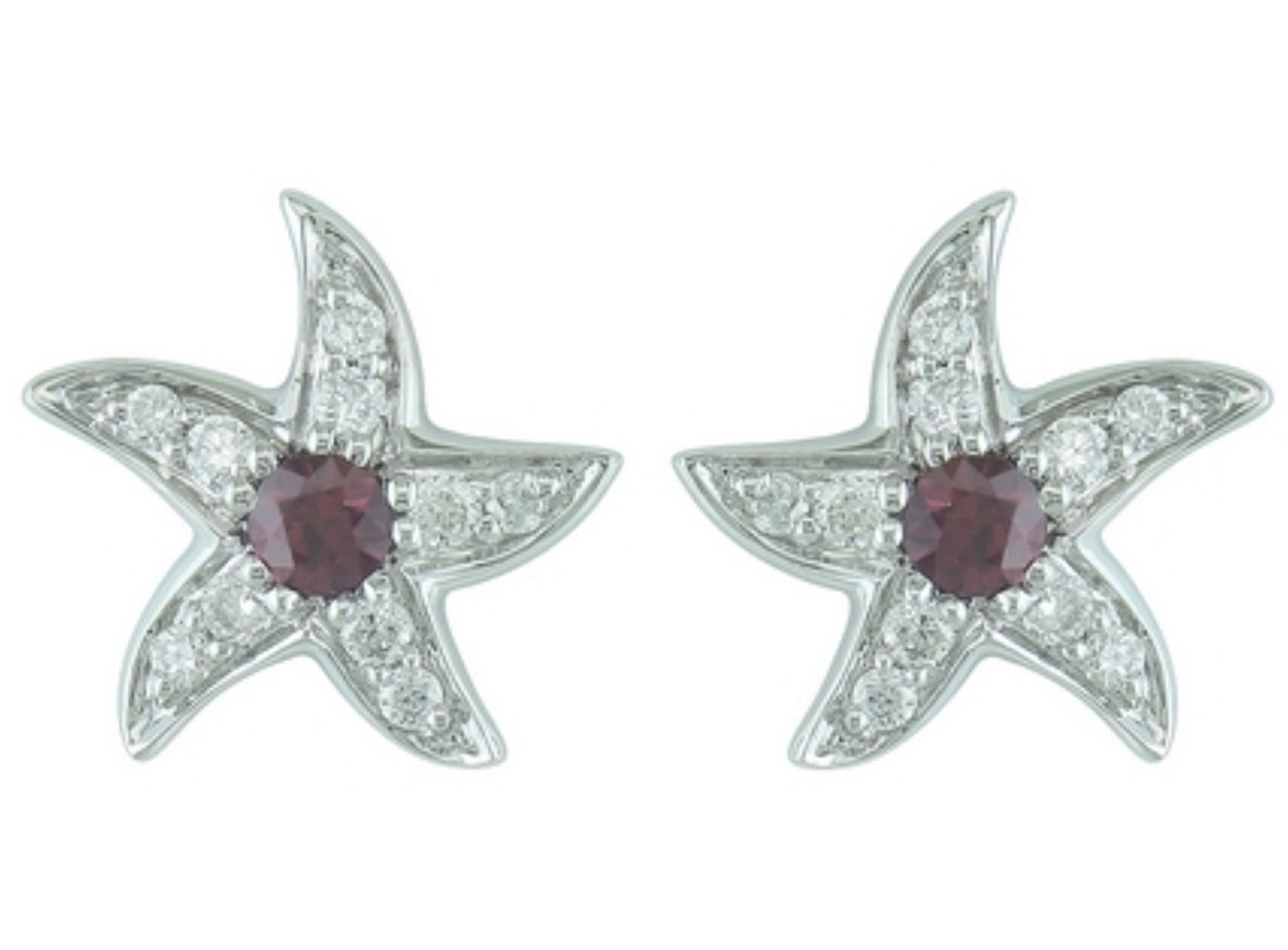 14K White Gold Ruby and Diamond Starfish Stud Earrings