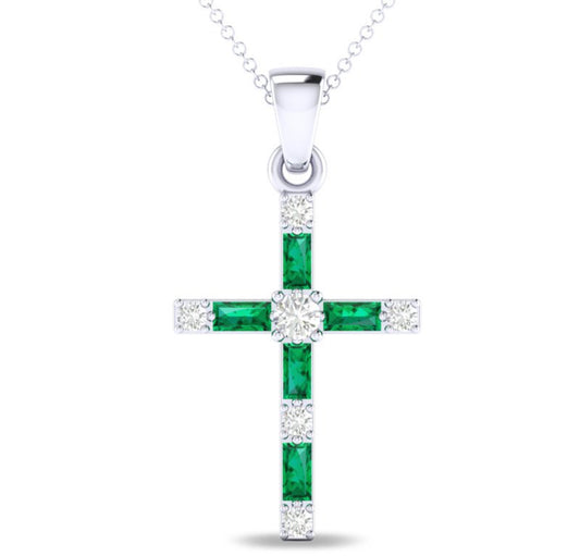 14K White Gold Baguette Emerald and Diamond Cross Necklace