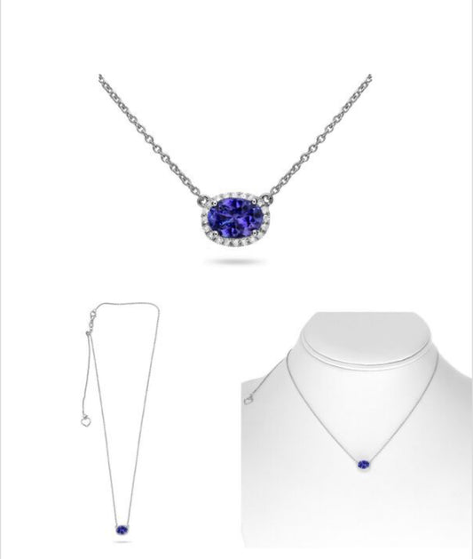 14K White Gold Oval Tanzanite and Diamond Halo Side Direction Necklace