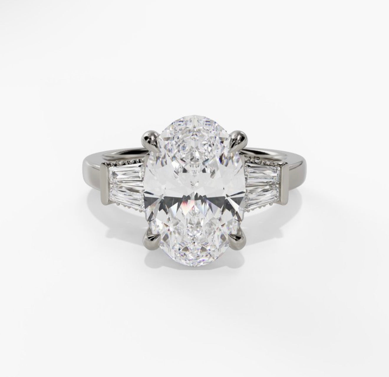 14K White Gold Three Stone Diamond Hidden Halo Engagement Ring With Tapered Baguettes