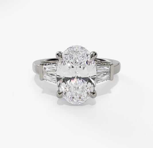 14K White Gold Three Stone Diamond Hidden Halo Engagement Ring With Tapered Baguettes