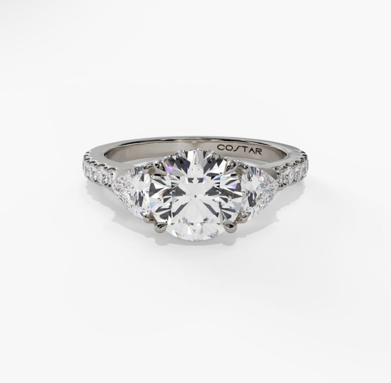 14K White Gold Three Stone Hidden Halo Engagement Ring