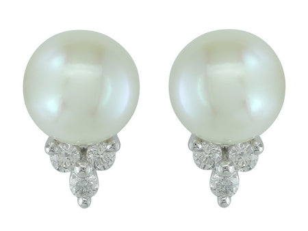 14K Yellow Gold Pearl and Diamond Stud Earrings