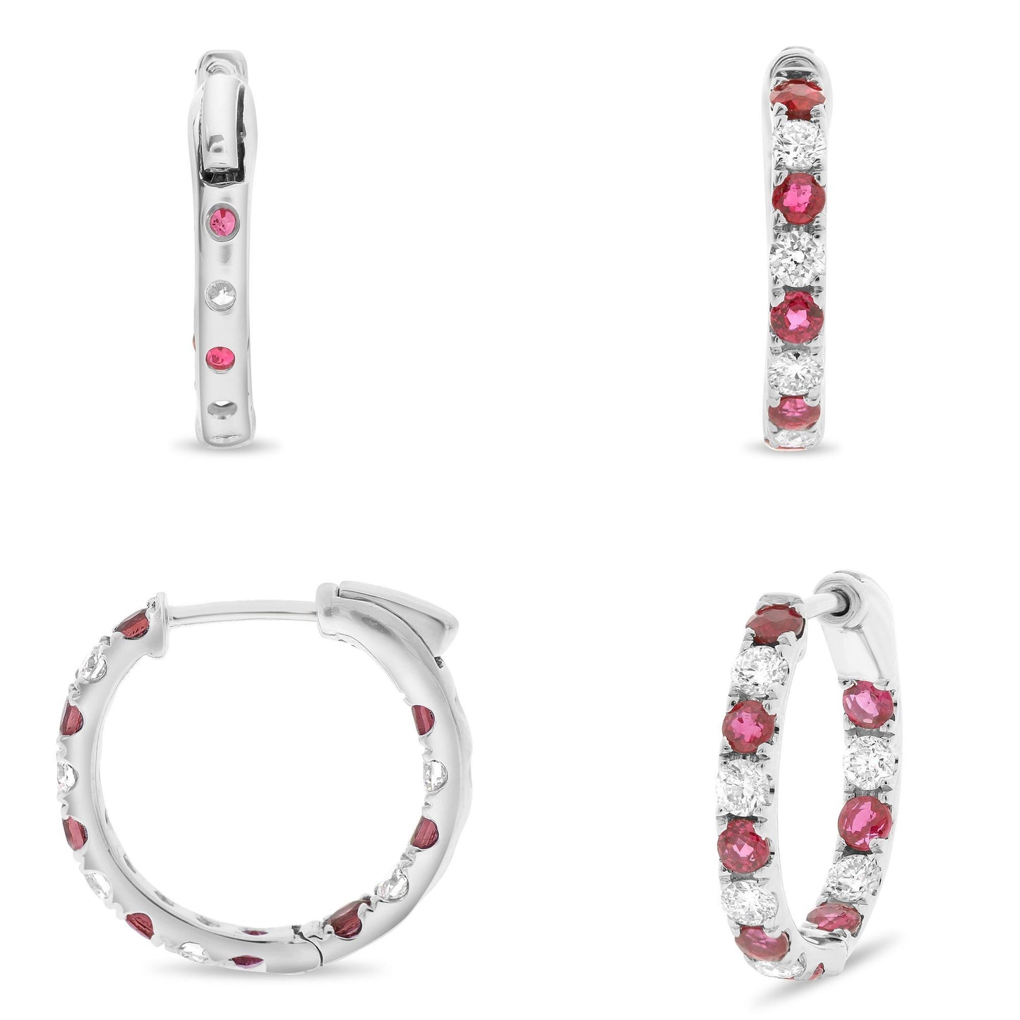 14K White Gold Ruby and Diamond Hoops