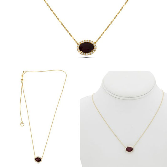 18K Yellow Gold Natural Red Ruby and Diamond Halo Necklace