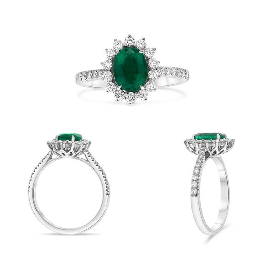 18K White Gold Emerald and Diamond Halo Ring