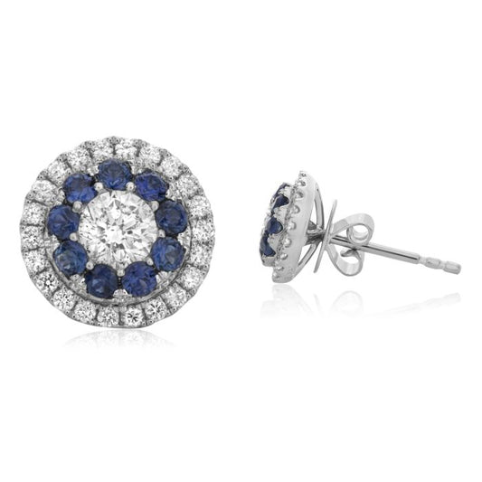 14K White Gold Blue Sapphire and Diamond Stud Earrings