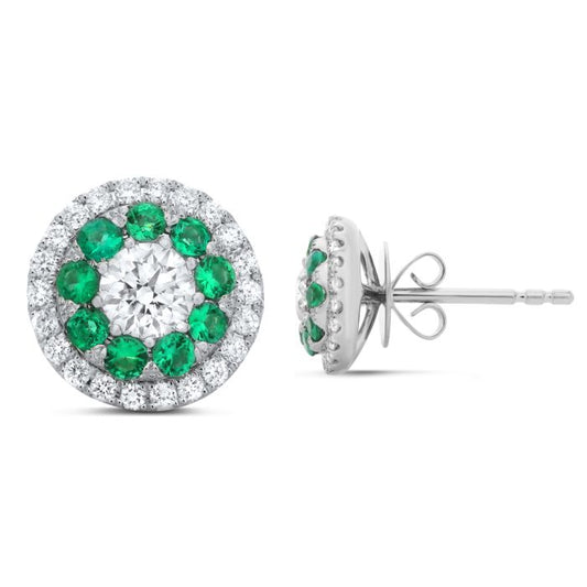 14K White Gold Emerald and Diamond Stud Earrings