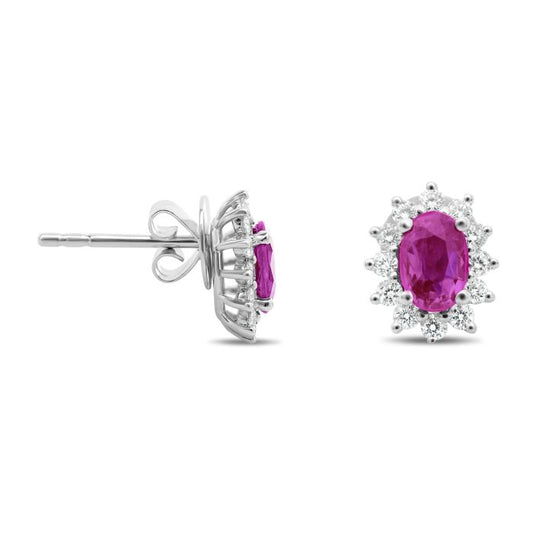 18K White Gold Pink Sapphire and Diamond Halo Stud earrings