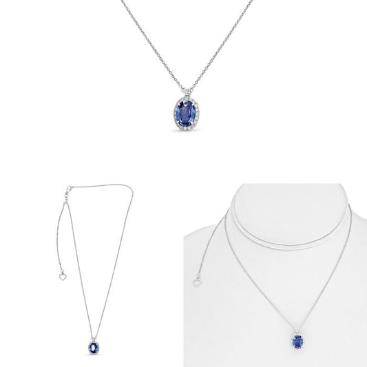 18K White Gold Natural Blue Sapphire and Diamond Halo Necklace