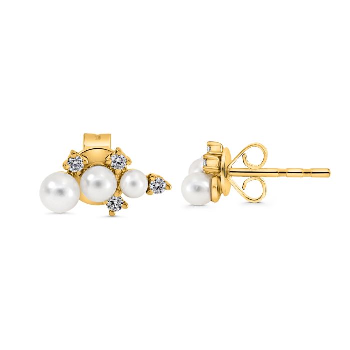 14K Yellow Gold Pearl and Diamond Stud Cluster Earrings