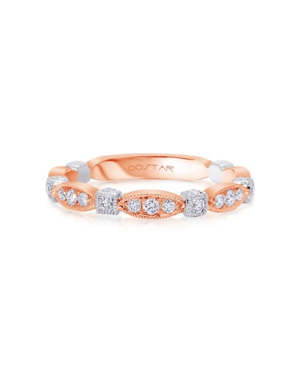14K Rose and White Gold Ladies' Stackable Vintage Inspired Diamond Wedding Band