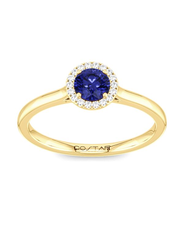 10K Yellow Gold Blue Sapphire and Diamond Halo Ring