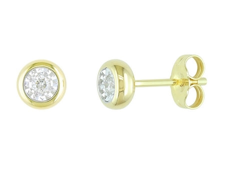 14K Yellow and White Gold Diamond illusion Bezel Set Stud Earrings