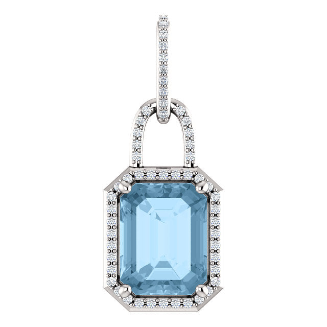 14K White Gold Emerald Cut Blue Topaz Diamond Pendant