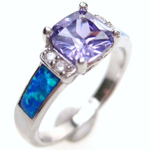 Sterling Silver Synthetic Opal Inlay Ring, w/ Cushion Cut Purple CZ