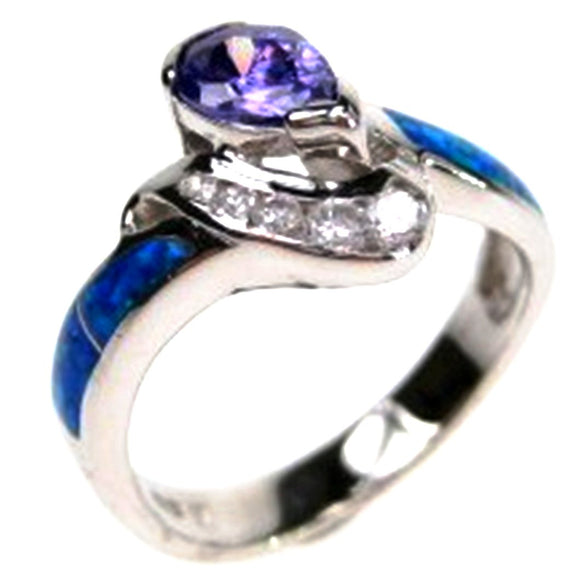 Sterling Silver Synthetic Opal Inlay Ring, w/ Teardrop Purple and White CZ