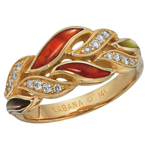 Ladies' Kabana 14K Yellow Gold Diamond and Multicolored Mother of Pearl and Red Spiny Oyster Ring