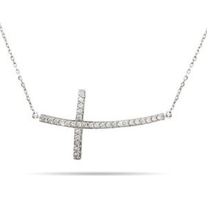 Sterling Silver Sideways Cross Necklace With Cubic Zirconia